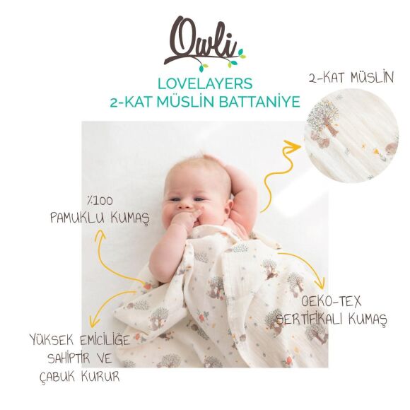 Owli LoveLayers 2 Kat Müslin Battaniye 110x110 cm - 2