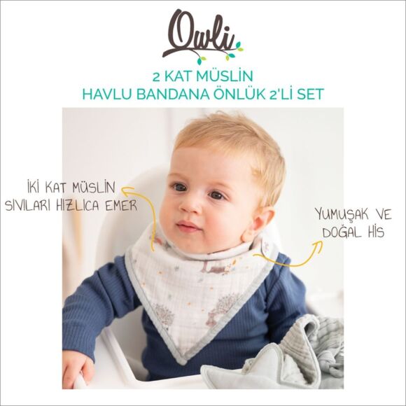 Owli 2 Kat Müslin Havlu Bandana Önlük 2'li Set Forest - 2