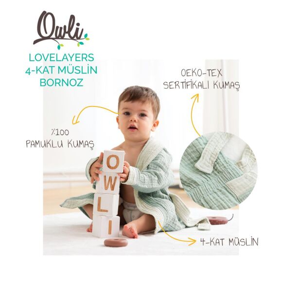 Owli LoveLayers 4 Kat Müslin Bornoz Mint Yeşili - 2