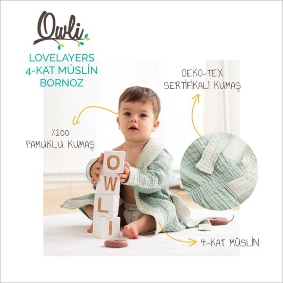 Owli LoveLayers 4 Kat Müslin Bornoz Mint Yeşili - 2